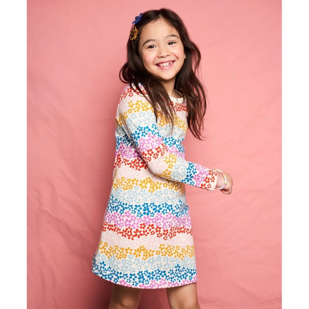 Hanna Andersson Girls 12 Rainbow Floral Stripe Long Sleeve Cotton Dress
